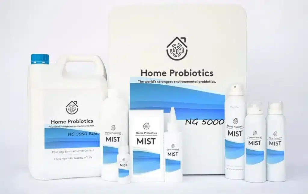 eight Mist brand and Home Probiotics laid out on a table - Purpose is to Help contain mold and manager allergies in buildings